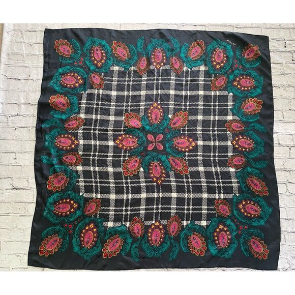 Vintage 1970s Square Diane von Furstenberg Silk Scarf Vibrant Black Multi 42" - Picture 1 of 16